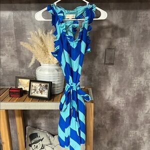 Chevron Ruffle Mini Dress in Blue by Maeve